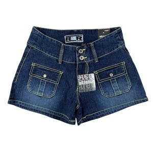 Vintage Rave Shorts Womens Size 1 Stretch Denim Cargo Pockets Button Zip New Y2K